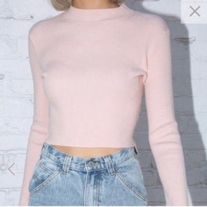 Brandy Melville Pink Ribbed Knit Cropped Long-sleeve Top